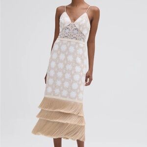 Patbo natural crochet plunge fringe midi dress XS  New w tags